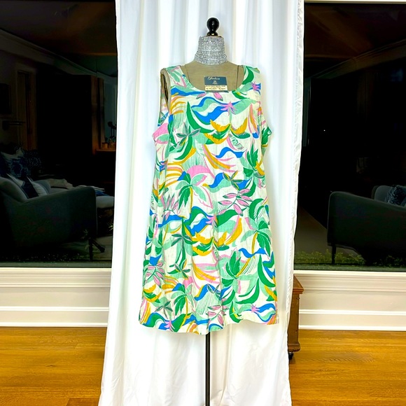 C&C California 100% linen tunic dress pastel leaf print Cream background 1X nice - Picture 1 of 8